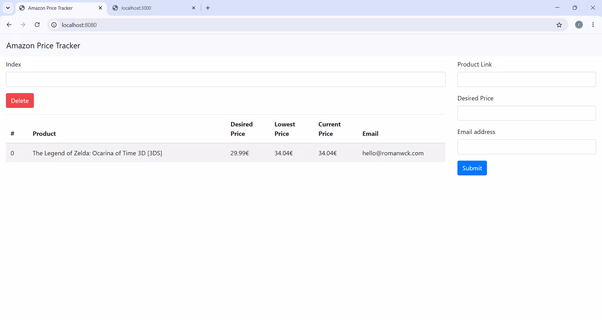 Web application interface showing a list of products in the main content area, with separate forms for adding new products and removing products from the wishlist.