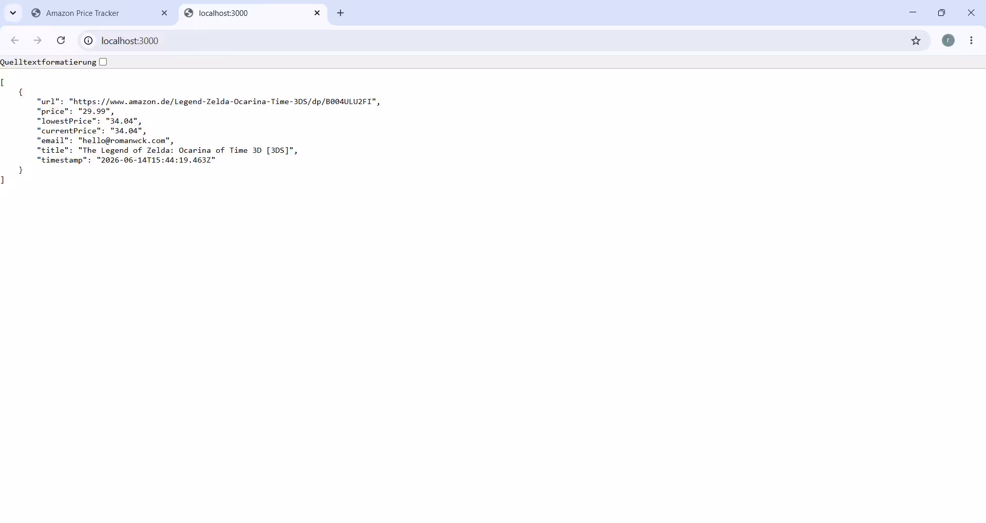 Backend API response returning an array of product objects with fields for URL, price, lowest price, current price email, title, and timestamp.