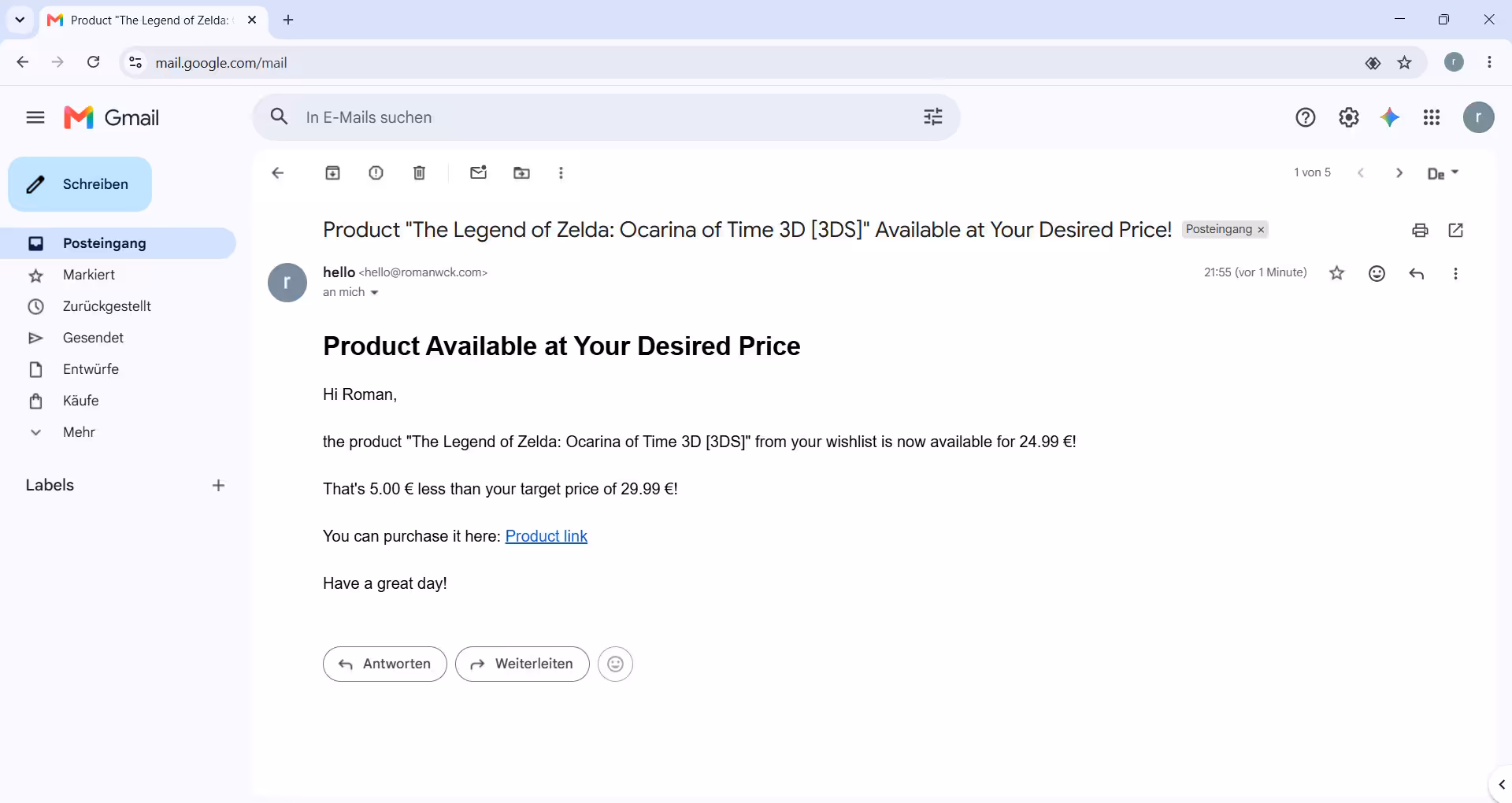 A notification email informing the user that the product is now available at their desired price.
