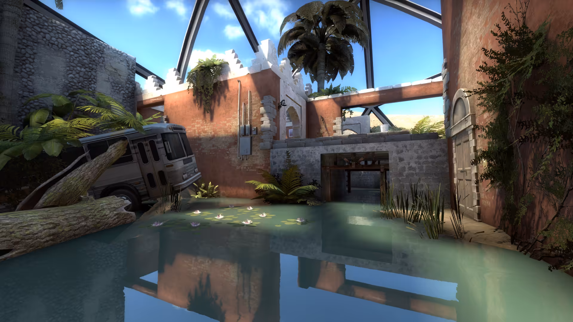 An abandoned research facility surrounded by water under a dome.