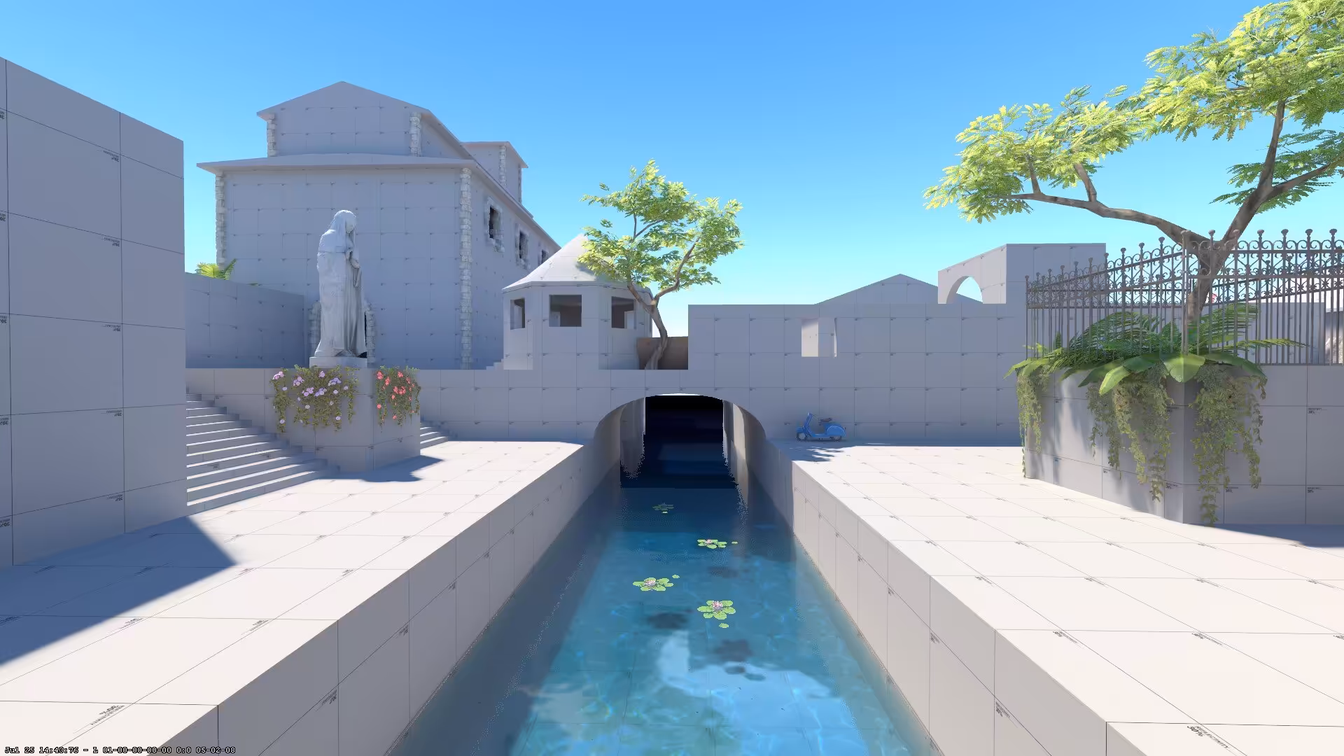 Clear blue canals wind their way across the entire map.