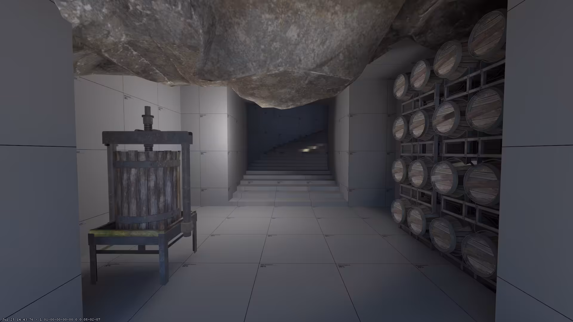 A wine cellar with barrels and a grape press.