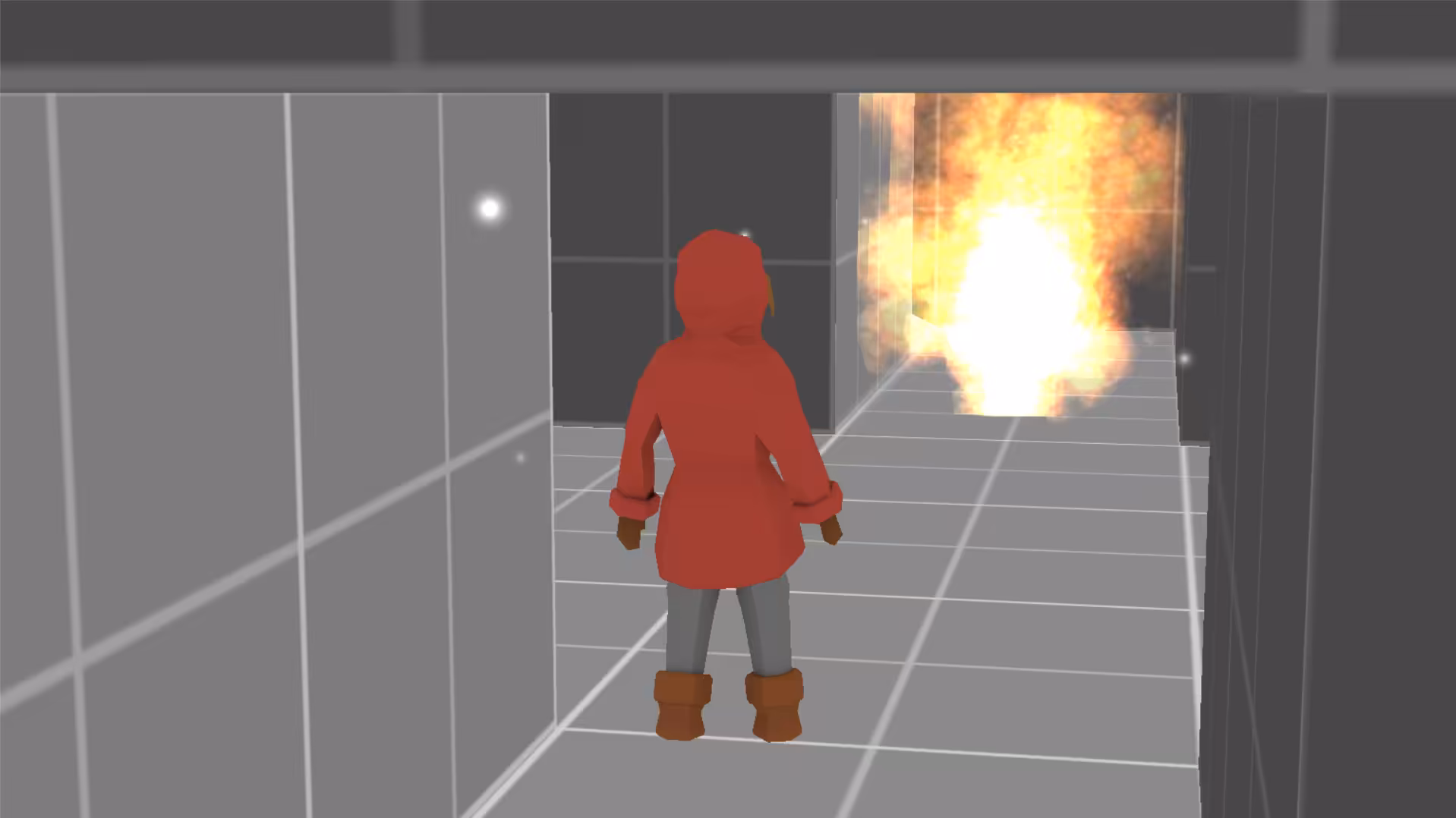 The player surrounded by snowflakes looking toward large flames.