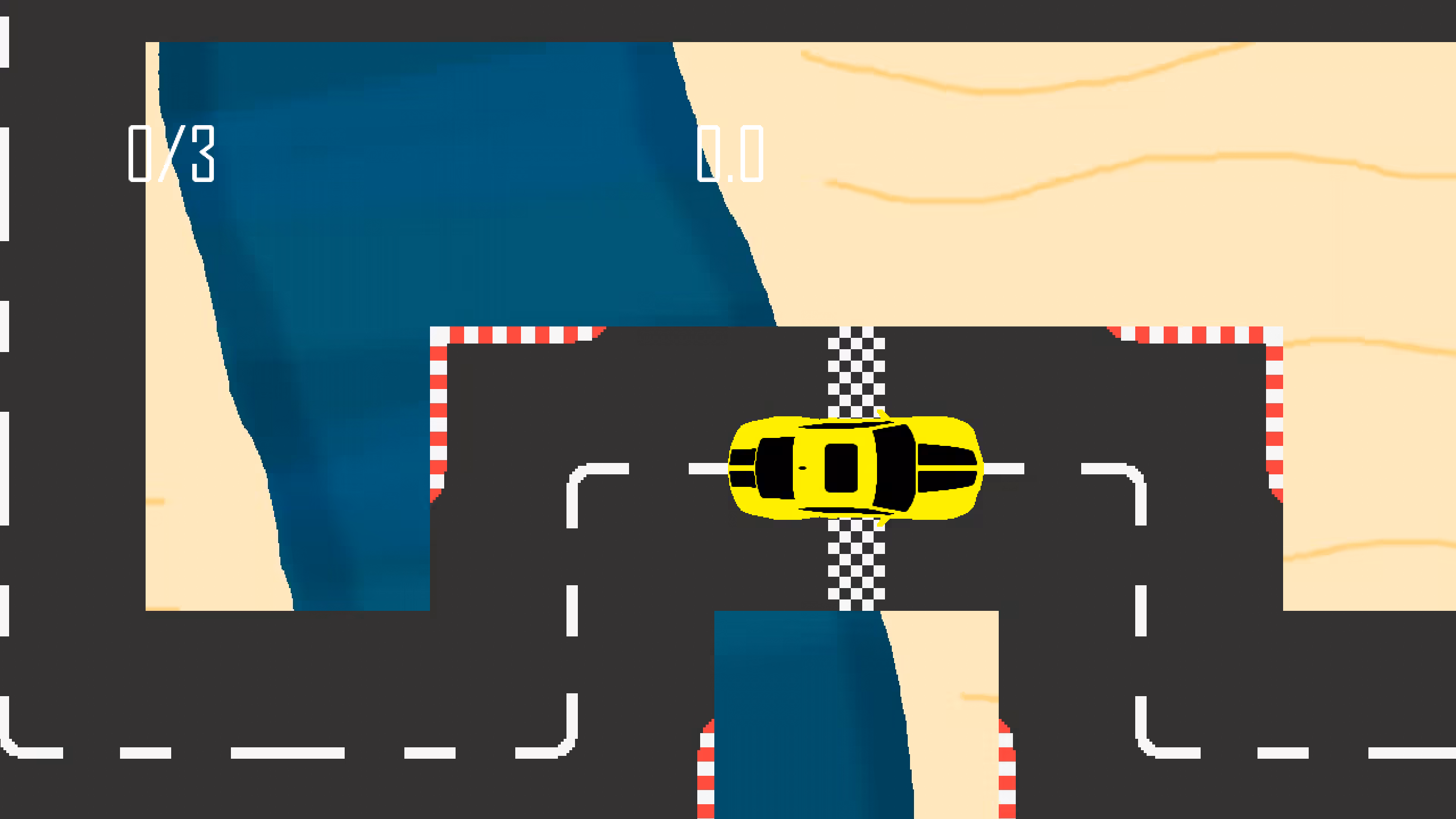 A yellow muscle car with black racing stripes on a circuit course in a desert with a river visible in the background.