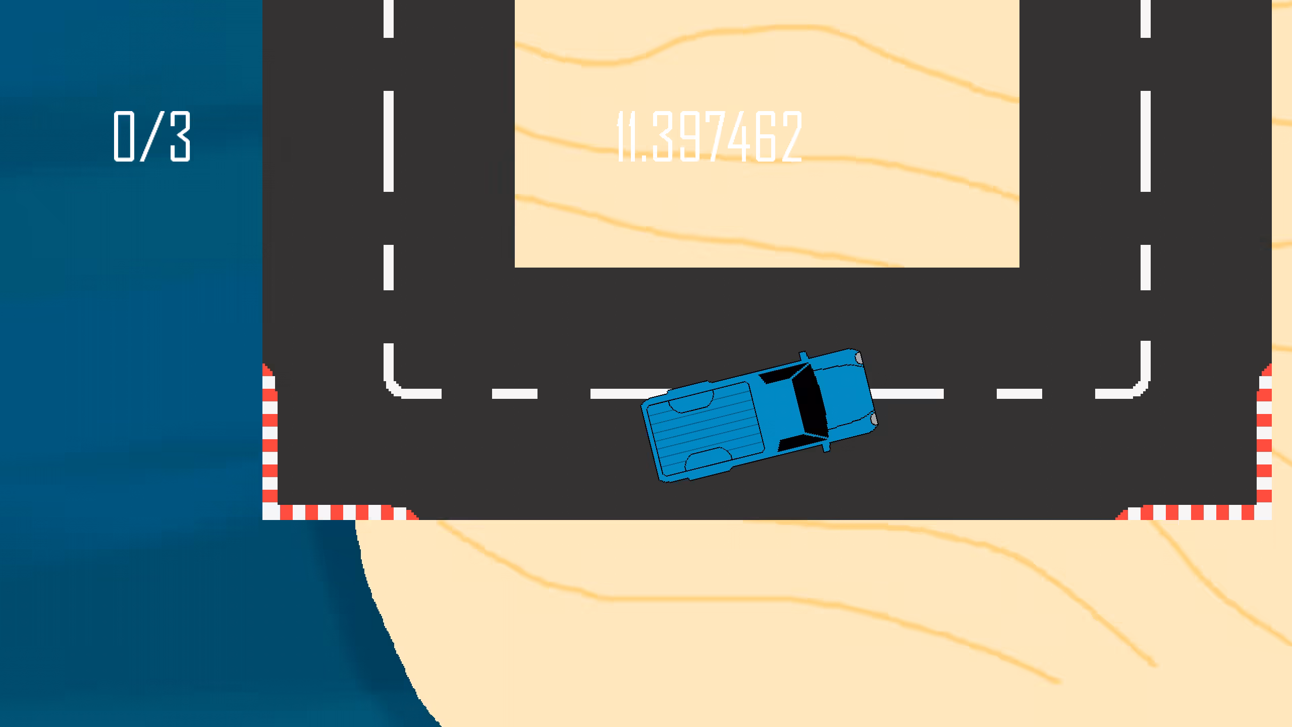 A blue pick-up truck on a circuit course in a desert with a river visible in the background.
