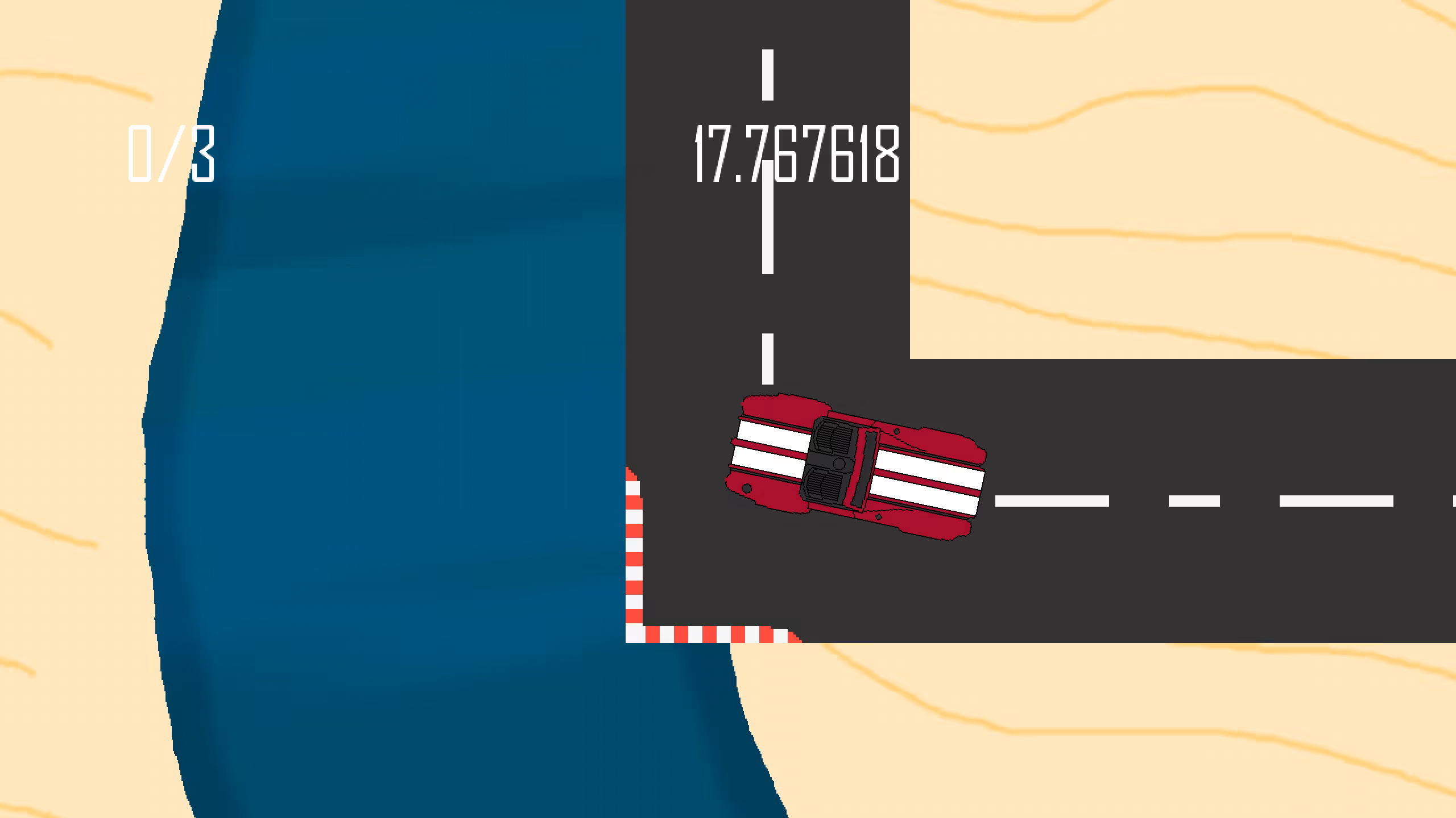 A classic car with white racing stripes on a circuit course in a desert with a river visible in the background.