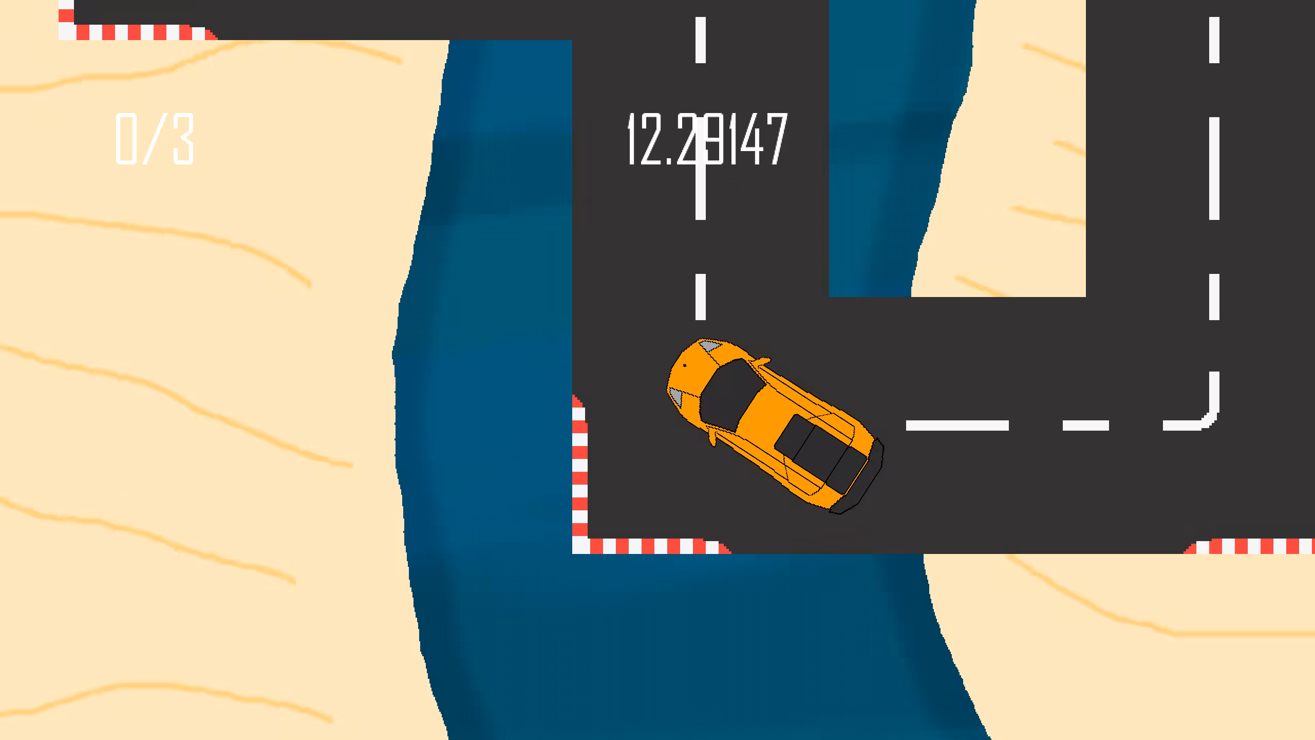 An orange super car on a circuit course in a desert with a river visible in the background.